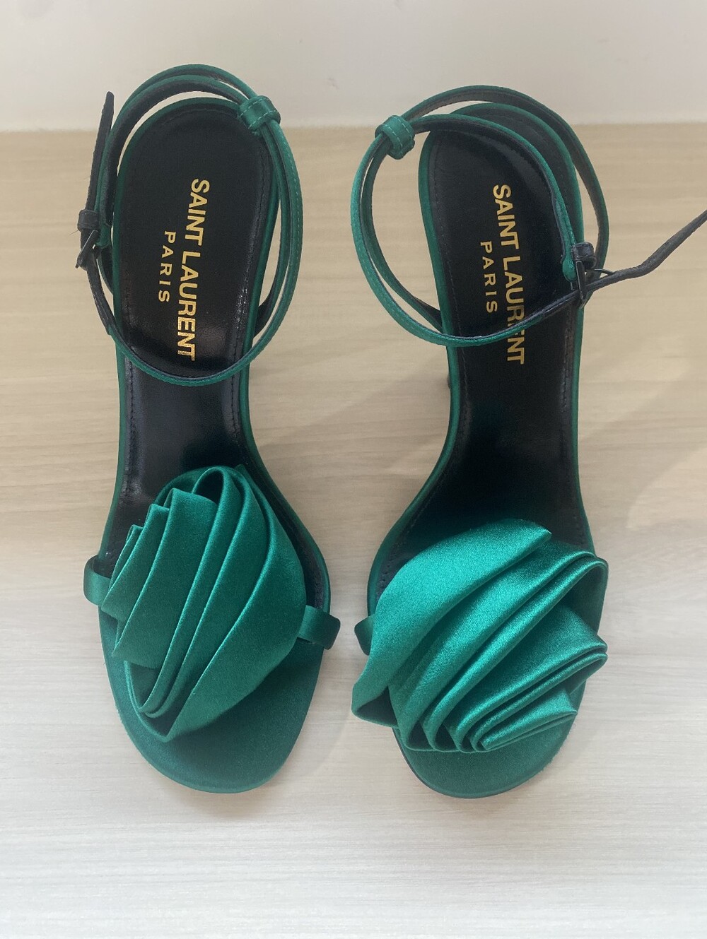 Saint Laurent Emerald Satin Rosette Ankle-Strap Sandals
